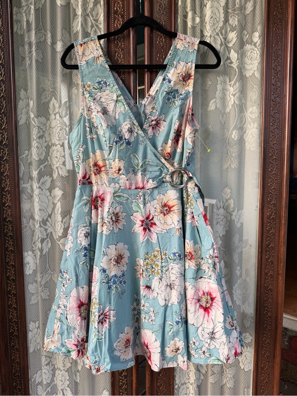 Bailey blue Short faux Wrap Sundress with zipper in Light Blue Sleeveless V-Neck